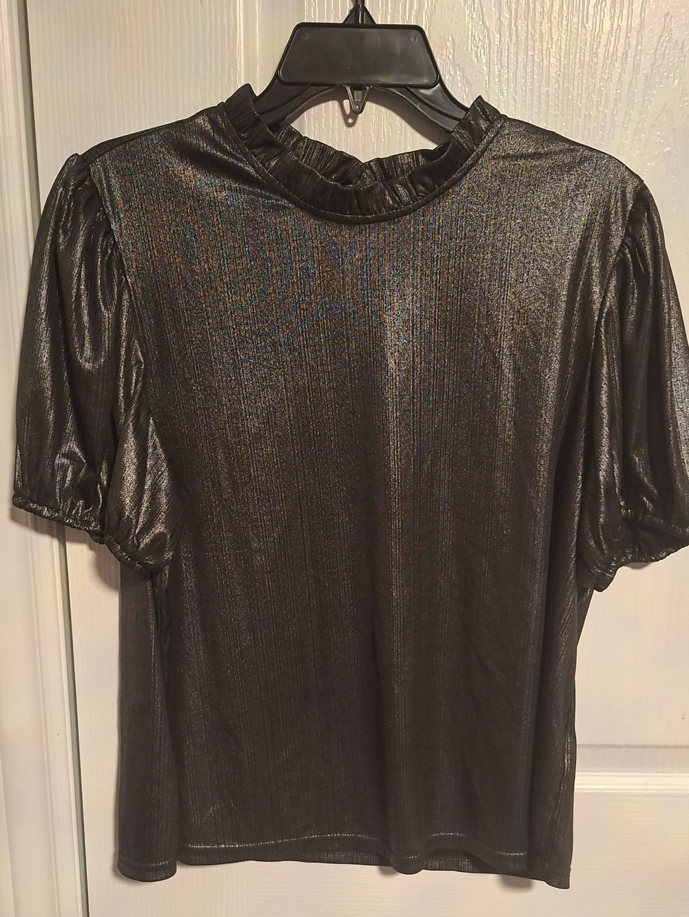 Nanette Lepore Shimmery Black Ruffle-Neck Short Sleeve Top
